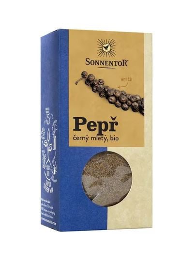 BIO koření, Sonnentor Pepř černý mletý, Piper nigrum, krabička, 50 g